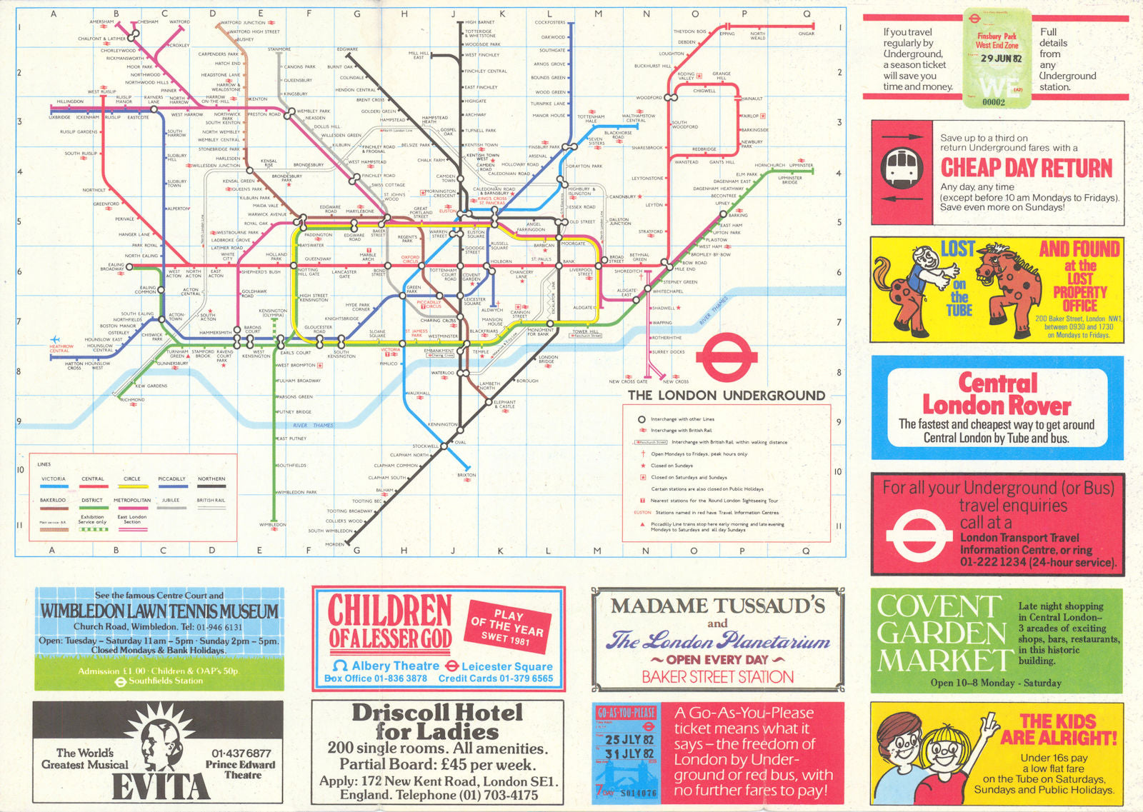 LONDON UNDERGROUND tube plan map. West End and City zones verso #3 1982
